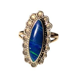 Vintage 925 MEX Sterling Azurite Malachite Ring Oval Cabochon Southwestern Sz 7